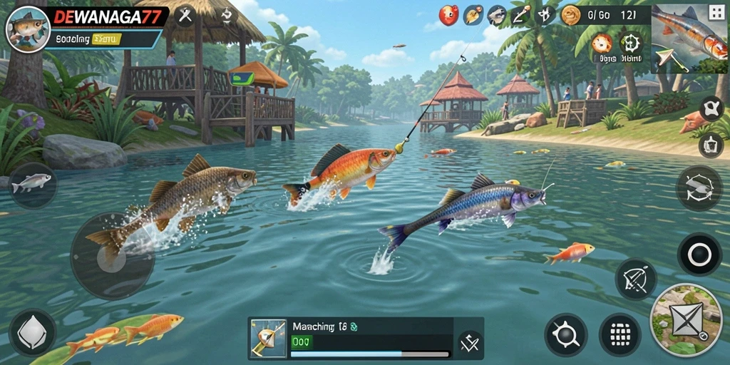 Tampilan gameplay DEWANAGA77 dengan momen menangkap ikan.