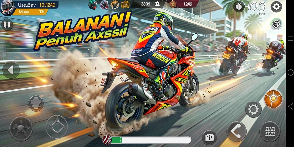 Screenshot permainan balapan motor yang seru dan mendebarkan.
