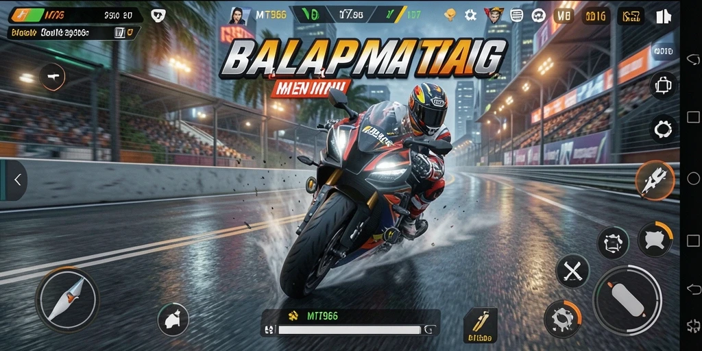 Screenshot gameplay MT966 menampilkan balapan motor yang seru di trek yang menantang.
