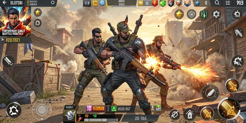 Screenshot gameplay SLOTSRI menampilkan pertarungan seru di arena Battle Royale.
