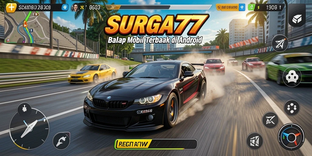 Tampilan gameplay SURGA77 dengan mobil balap yang melaju kencang.
